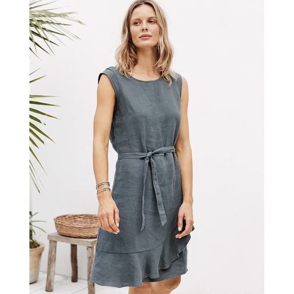 Hill Dresses Hill Linen Ruffled Wrap Dress Belted